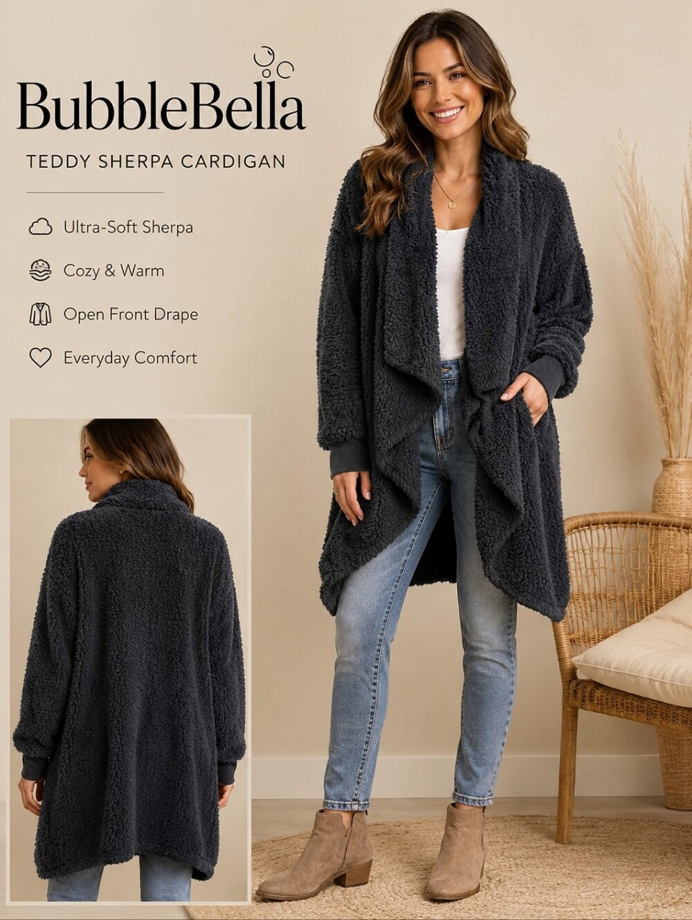 BubbleBella Teddy Sherpa Cardigan Open Front Long Fleece Cozy‎ Black Size 1X